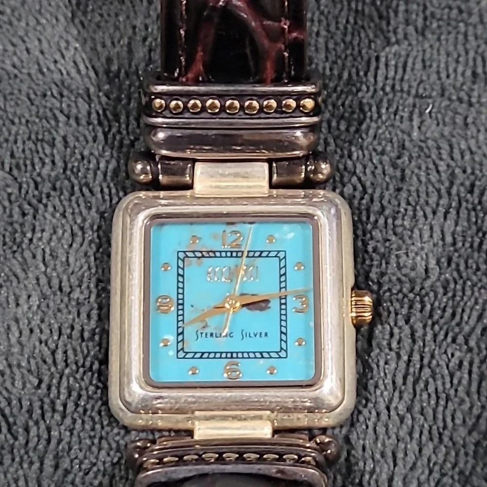 Ecclissi Sterling Silver Turquoise Dial Watch 22490 Brown Leather Strap‎